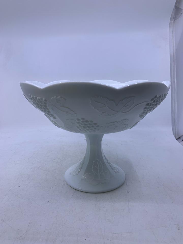 VTG MILK GLASS PEDESTAL BOWL W/ EMBOSSED GRAPES.
