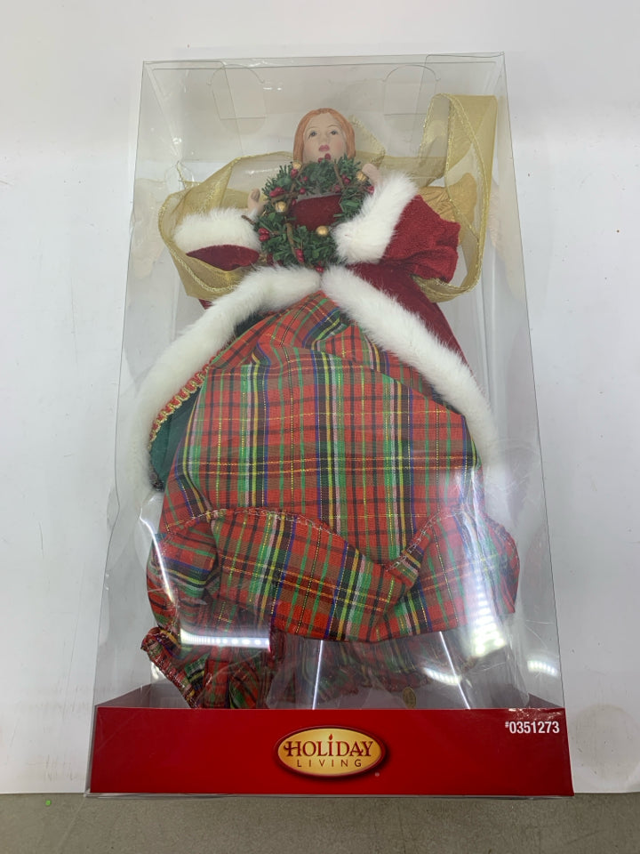 NIP ANGEL TREE TOPPER W/ PLAID DRESS/RED COAT.