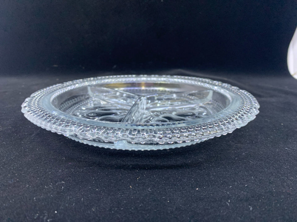 VTG DIVIDED GLASS DISH W/EMBOSSED FRUIT.