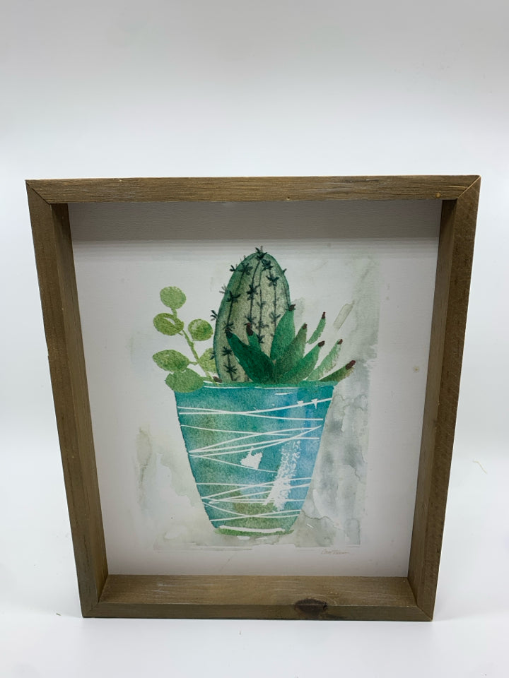 WATERCOLOR CACTUS IN WOOD FRAME.