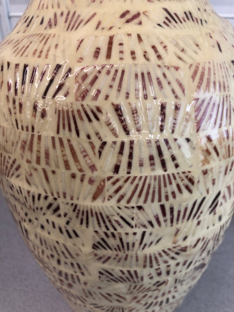 CREAM VASE W/RED LINES.
