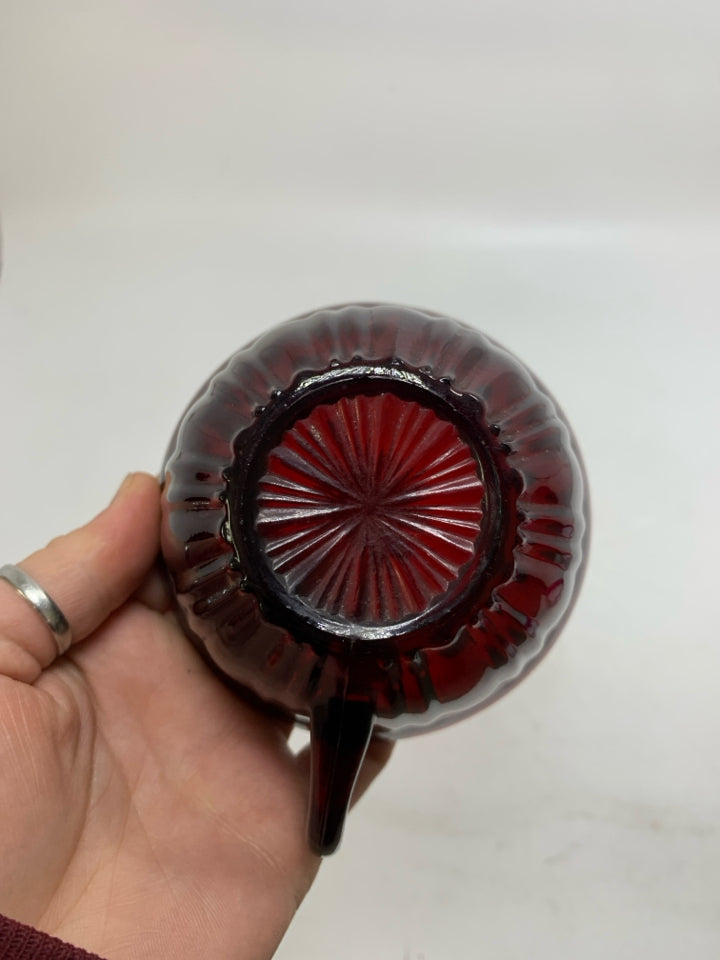 DARK RED GLASS TEACUP/SAUCER.