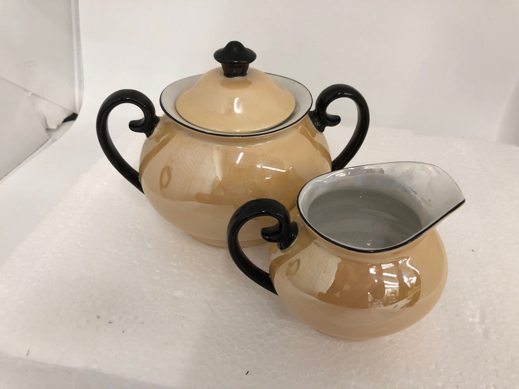 2 PC VTG PEACH IRIDESCENT SUG/CREAMER W/ BLACK HANDLES LAUREL CHINA.