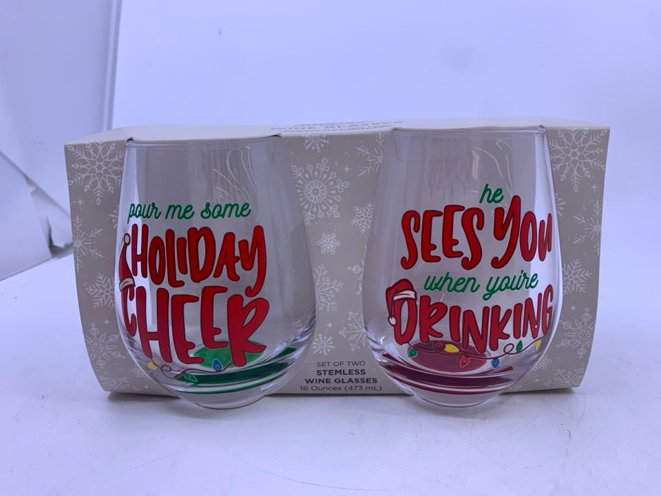 2 NIB HOLIDAY CHEER STEMLESS WINE GLASSES.