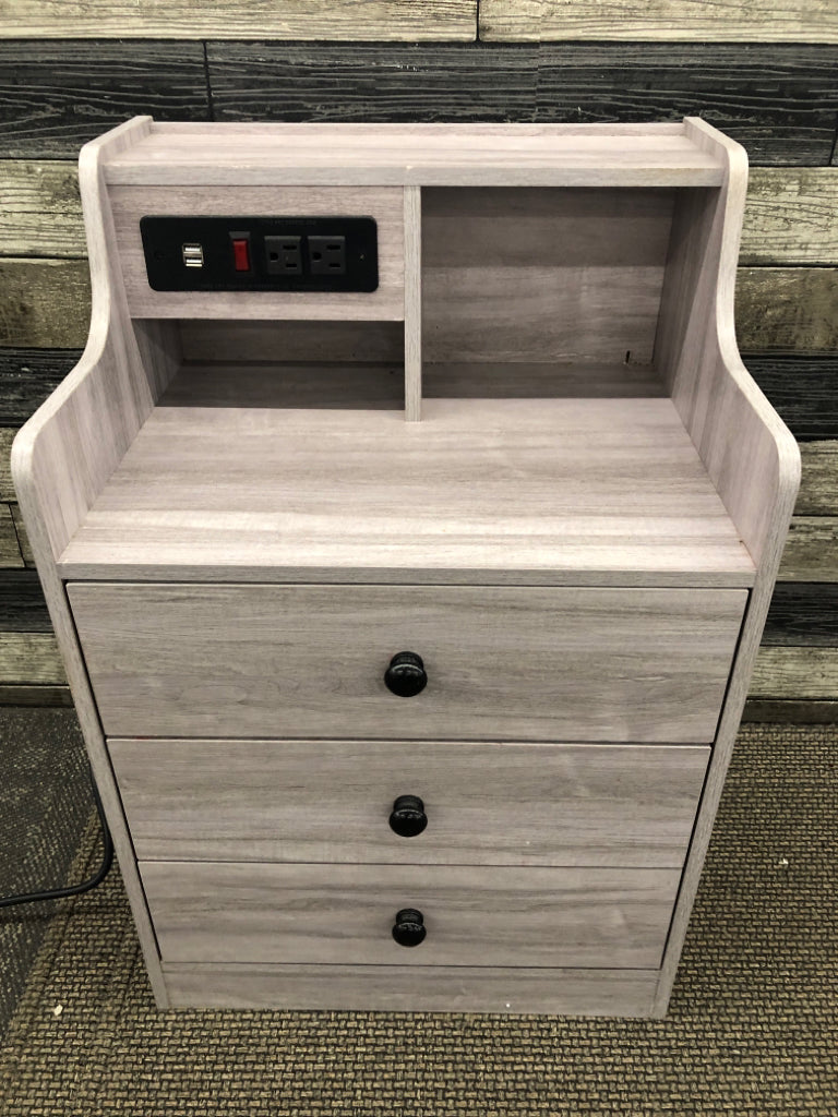 GREY WOOD 3DRAWER NIGHT STAND W/POWER OUTLETS USB PORT.