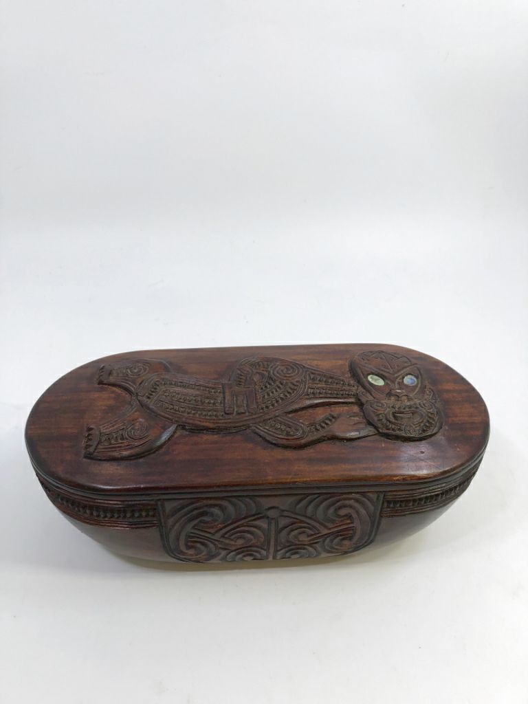 CARVED TREASURE BOX W/LID.