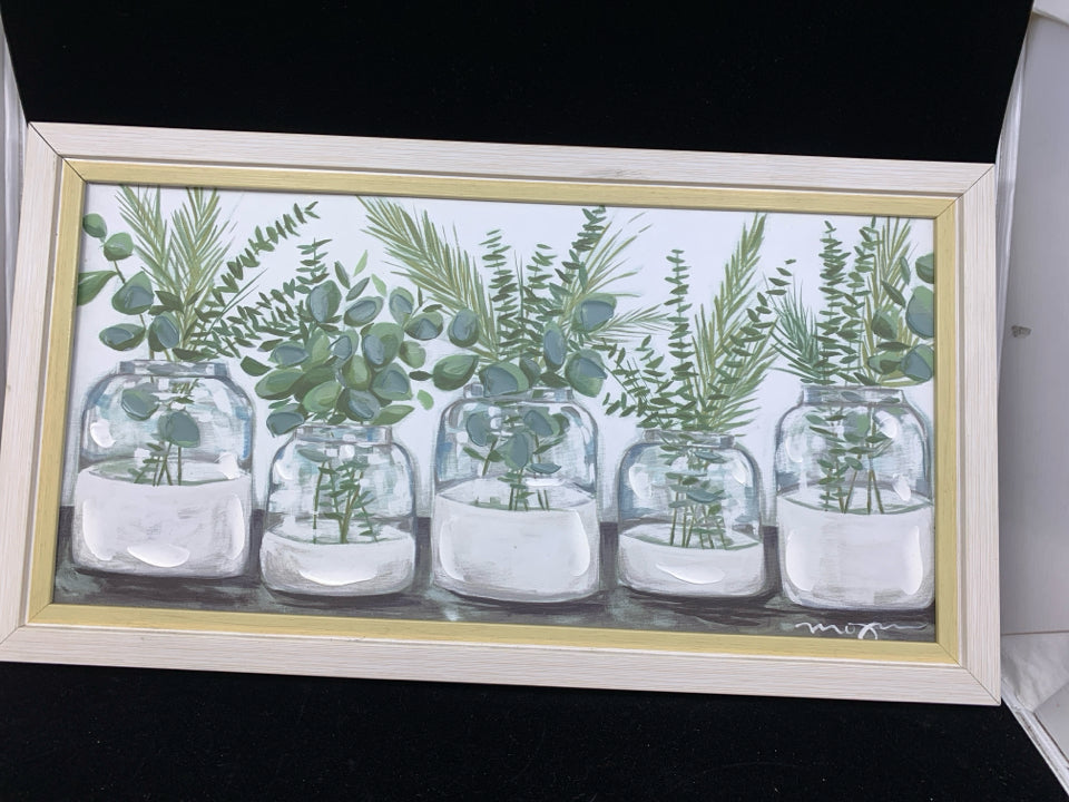 SUCCULENTS PAINTED CANVAS IN WHITE WOOD FRAME.