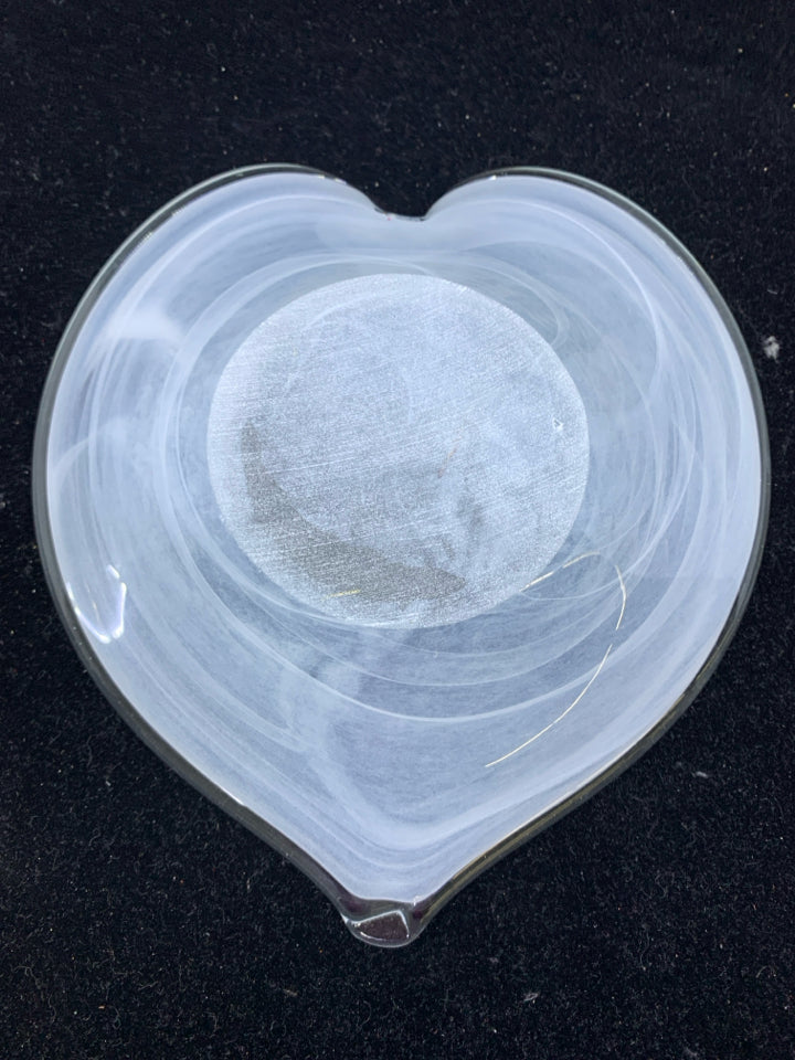 HEART CATCHALL MURANO GLASS  DISH W/ WHITE SWIRLS.