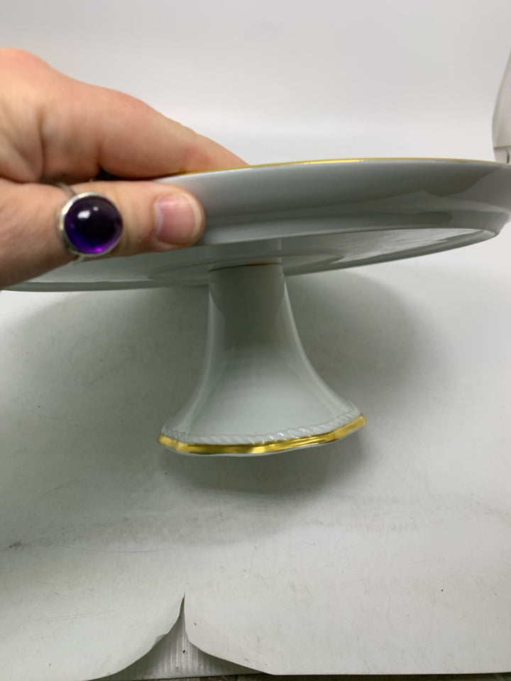 VTG WHITE CAKE STAND W/ GOLD EDGE 100TH ANNIVERSARY.