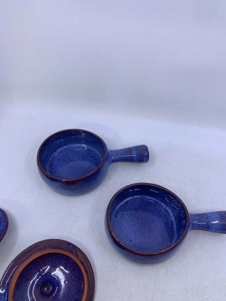 2 BLUE/PURPLE TERRA COTTA FRENCH ONION SOUP CROCKS W/ LIDS RIMS UNEVEN.