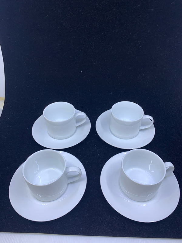 4 WHITE CUPS AND SAUCERS.