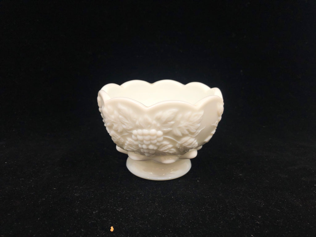 VTG MILK GLASS FOOTED SMALL BOWL W/ EMBOSSED GRAPES + VINES.