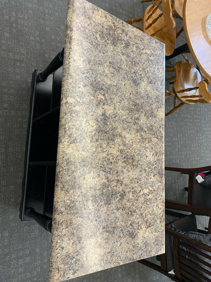 BLACK LEGS W/ MIKA GRANITE COUNTER ISLAND W/ 2 ALL THE WAY THROUGH DRAWERS/ SHEL