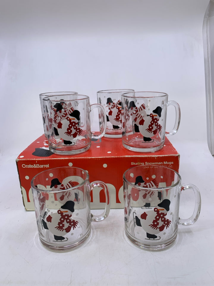 6 SNOWMAN GLASS CUPS- CRATE & BARREL.