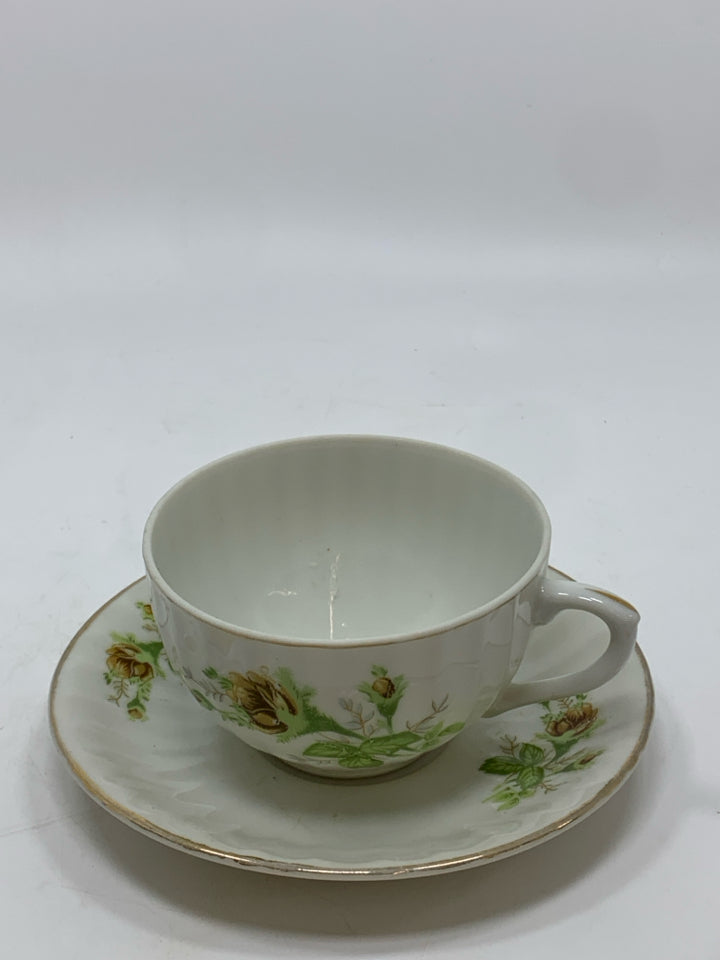 VTG BROWN FLOWER GREEN LEAVES JAPANESE CUP/SAUCER.
