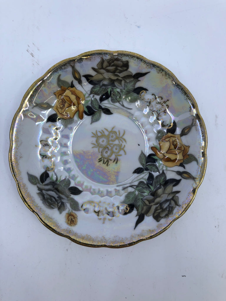 GOLD/GREY IRIDESCENT FLORAL TEACUP AND SAUCER.
