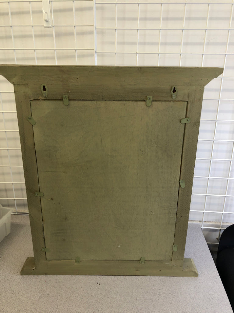 GREEN DISTRESSED WOOD WINDOW MIRROR WALL HANGING.