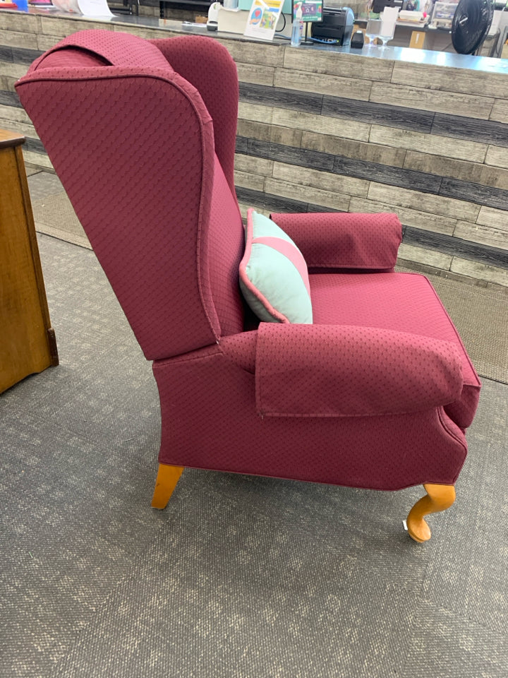 RED FABRIC ACCENT WING CHAIR, WOOD LEGS, THROW PILLOW.