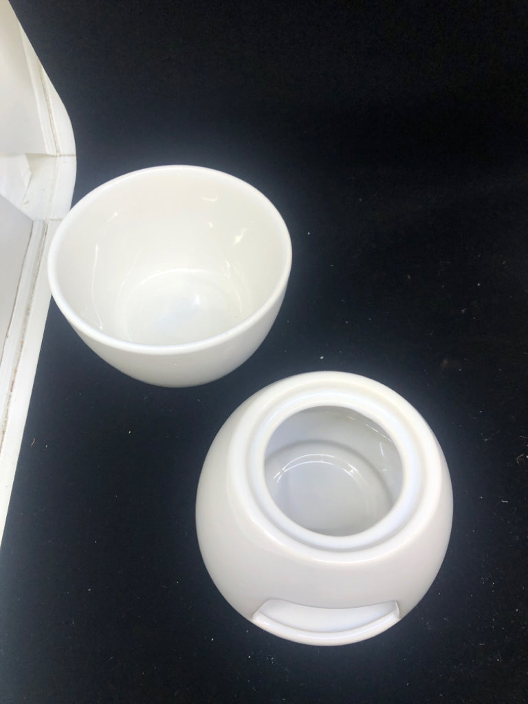 2 PIECE CERAMIC WHITE FONDUE WARMER- CRATE & BARREL