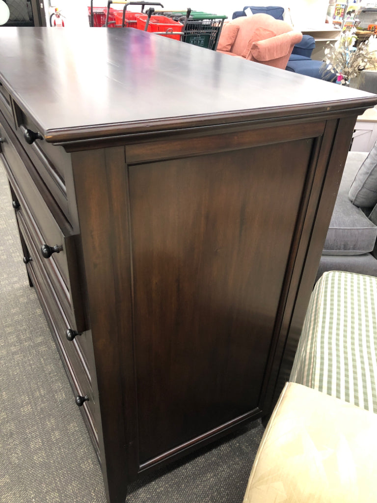 HEAVY DARK WOOD DRESSER W/ 3 LARGE DRAWERS & 2 SMALL DRAWERS.