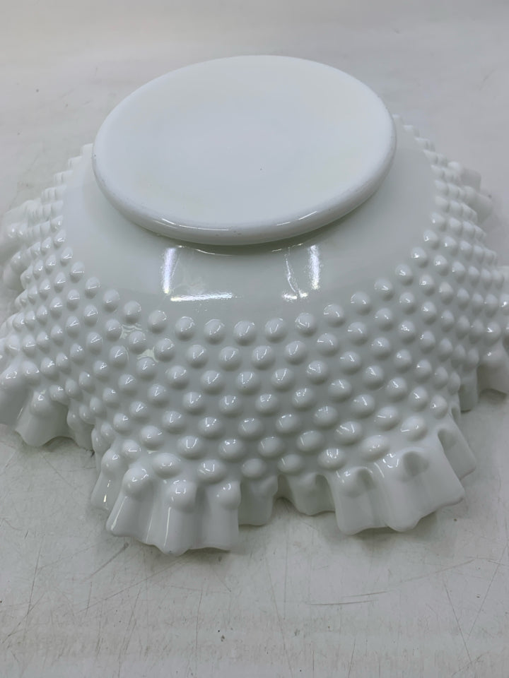 VTG MILK GLASS HOBNAIL CRIMPED RUFFLED EDGE BOWL.