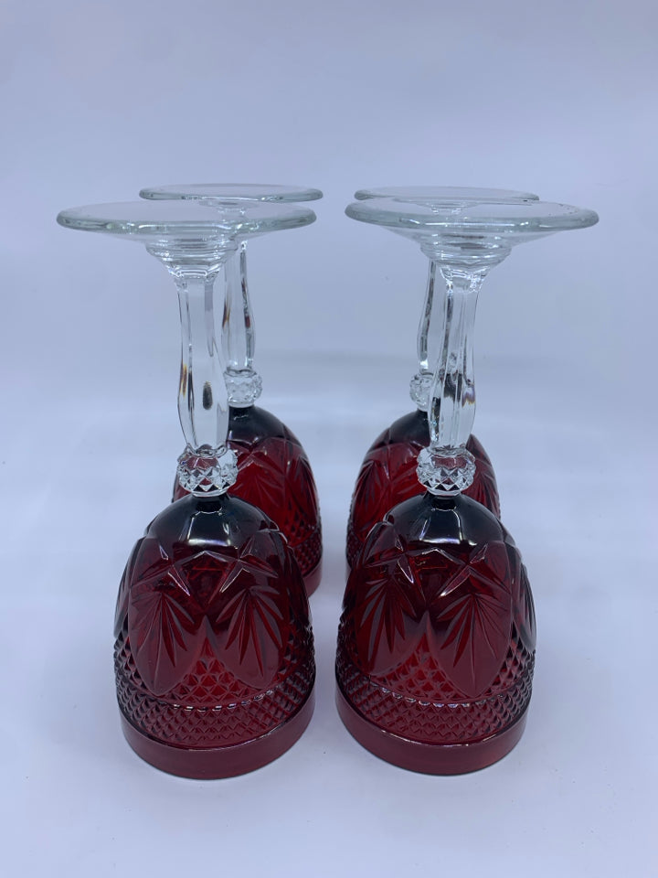 4 DARK RED GLASS WINE GLASSES.