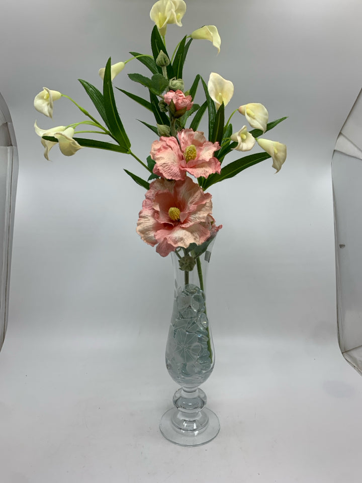 FAUX WHITE/PINK FLOWERS IN CLEAR ETCHED VASE.