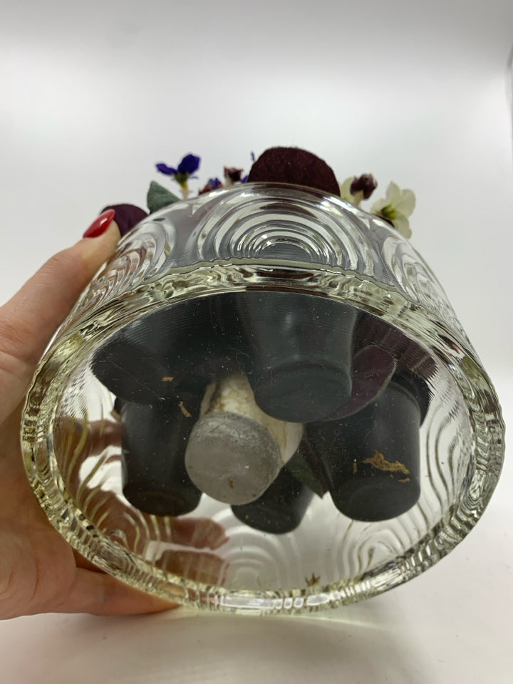 FAUX VIOLETS IN CUT GLASS BOWL.