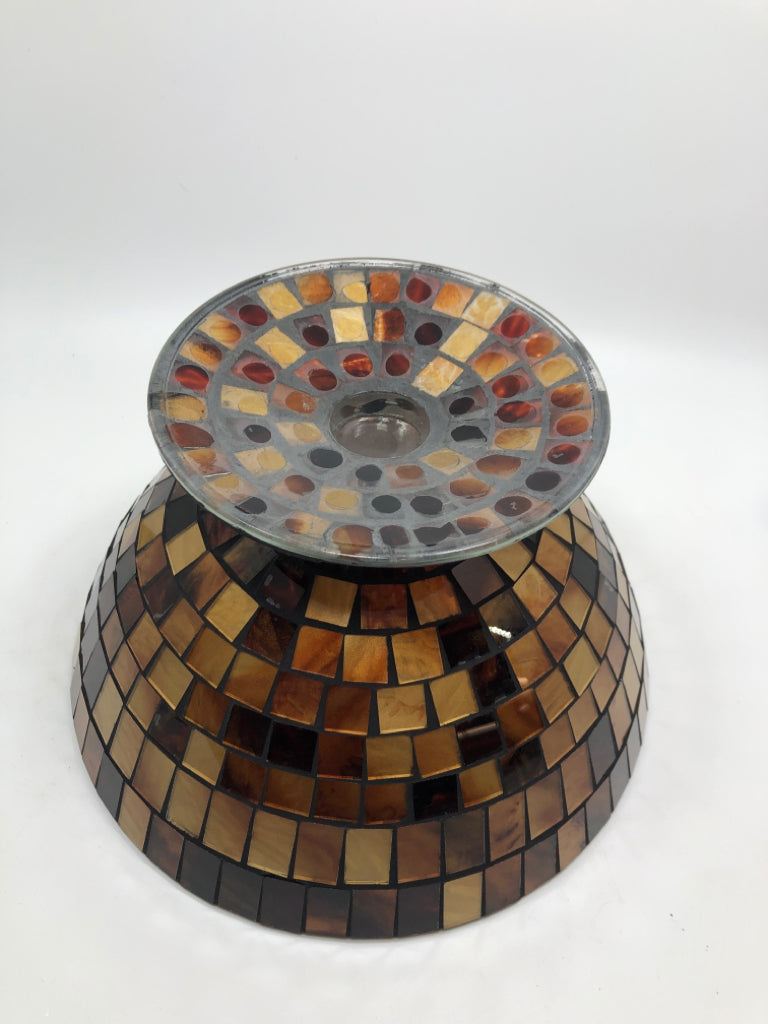 BROWN GLASS MOSAIC FOOTED BOWL.