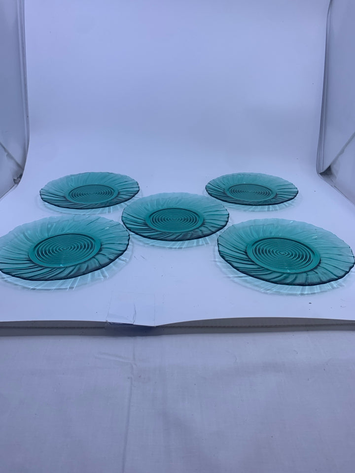 5 TEAL GLASS PLATES.