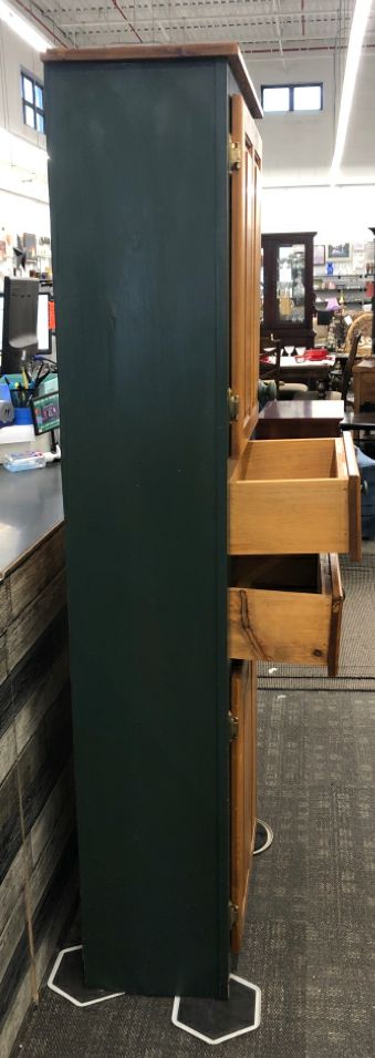 TALL WOOD PAINTED GREEN 2 CABINET W/ 2 DRAWER THIN CABINET.