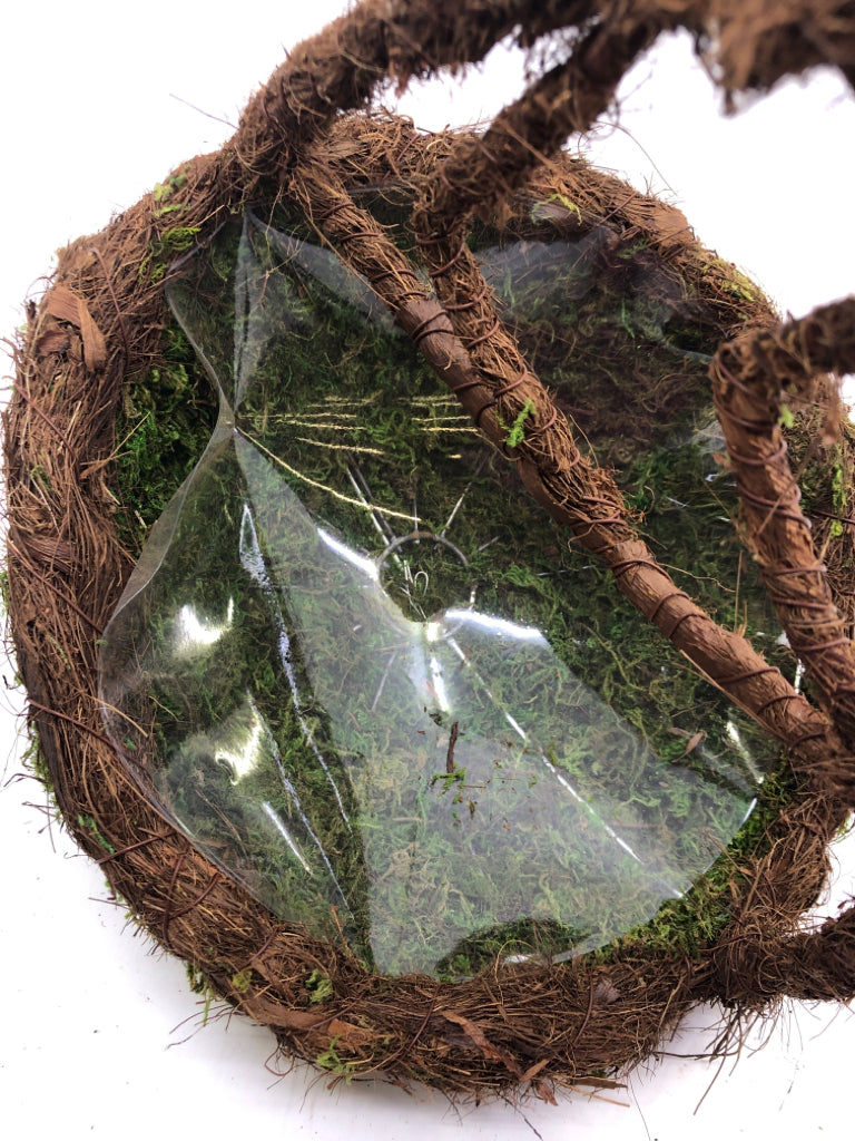MOSS BIRD SHAPED HANGING PLANTER W/ PLASTIC INSERT.