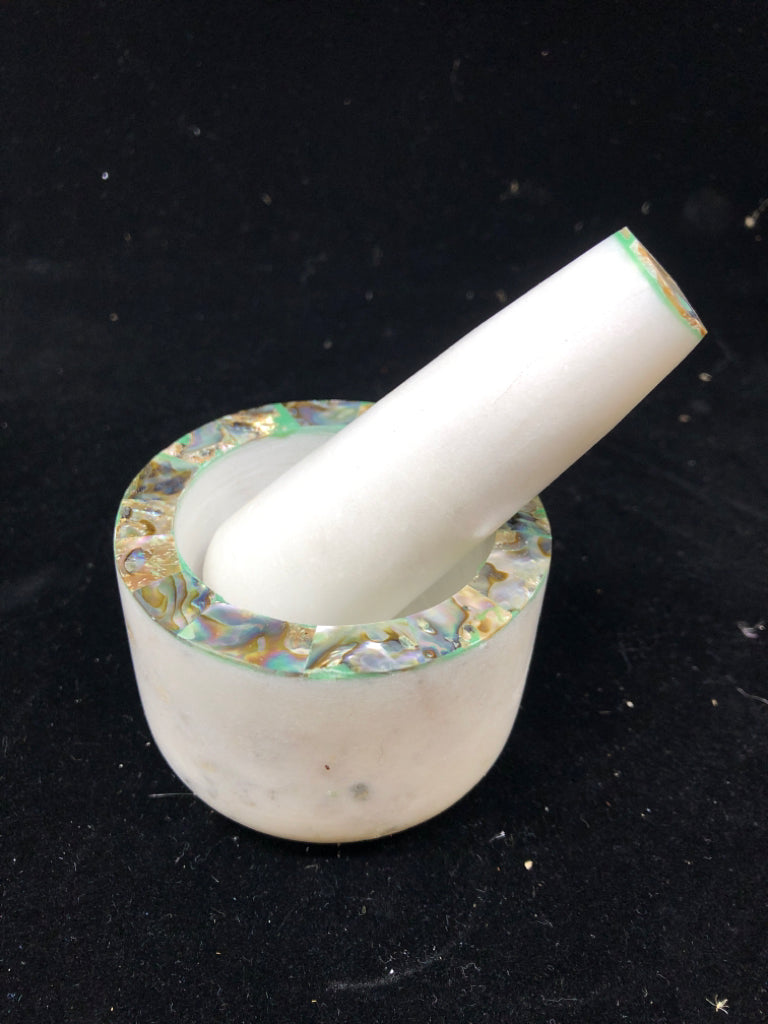 SMALL WHITE MARBLE MORTAR & PESTLE W/ IRIDESCENT SHELL RIM.