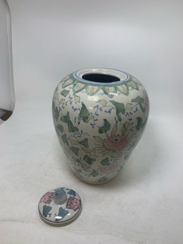 LARGE CERAMIC GINGER JAR W/ PINK FLOWERS GREEN LEAVES.