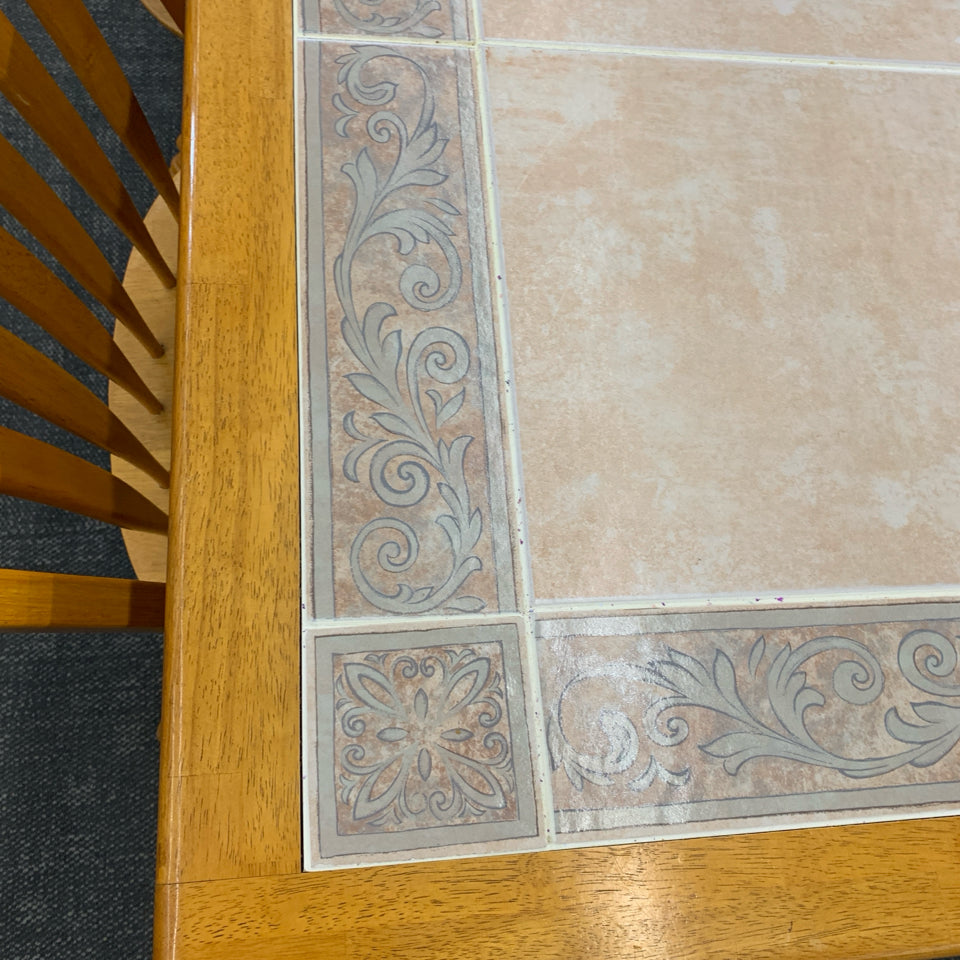 WOODEN TILE-TOP TABLE W/5 CHAIRS.