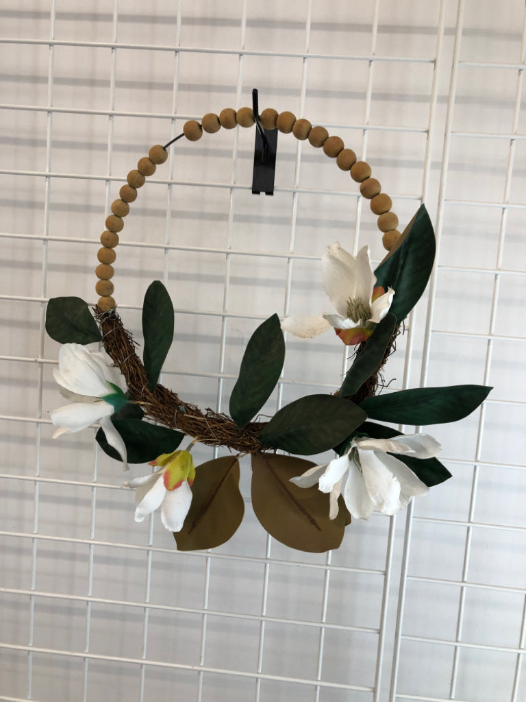 FAUX WHITE FLOWER BEADED WREATH.
