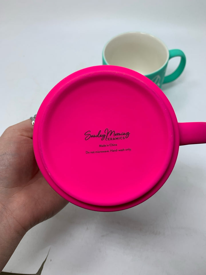 BLUE/PINK PICKLEBALL THEMED CLUB MUGS SUNDAY MORNING CERAMICS.