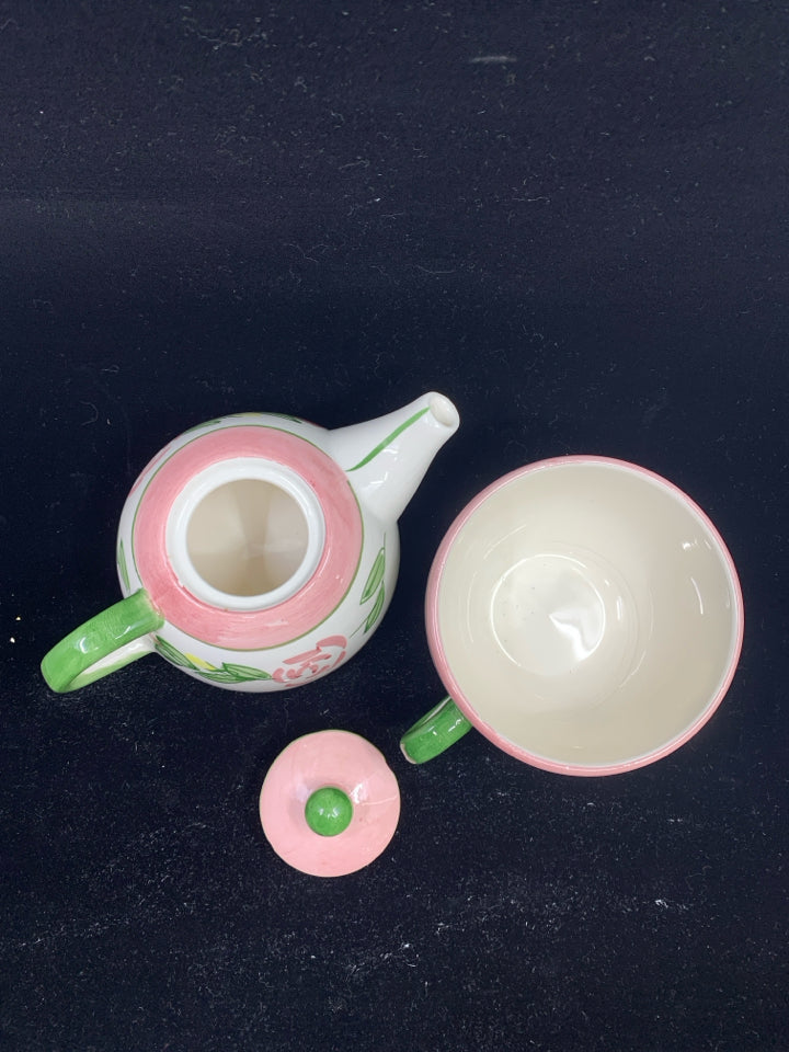 PINK AND GREEN FLORAL 3 PC TEA FOR ONE SET.