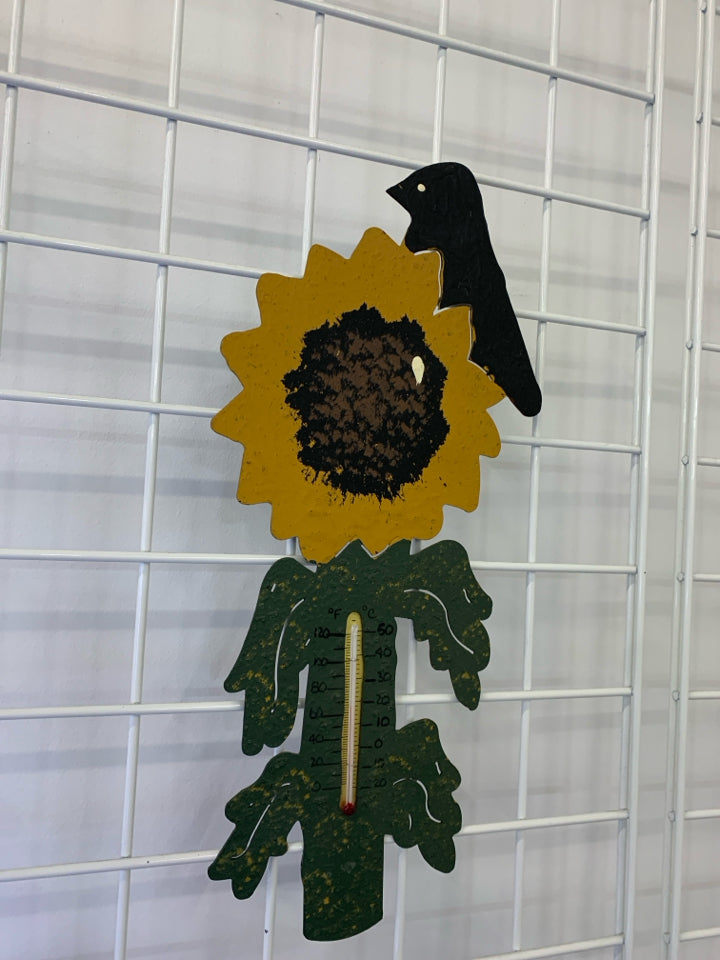 PRIMITIVE METAL SUNFLOWER W/ CROW THERMOMETER.
