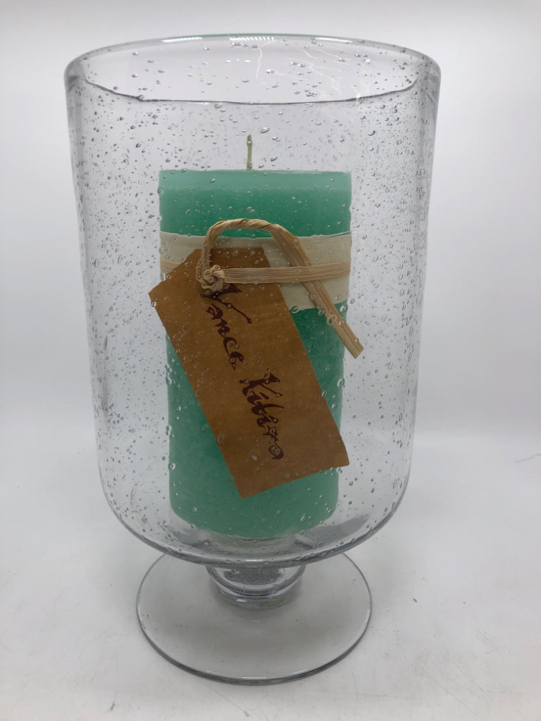BUBBLE HURRICANE GLASS W/TEAL PILLAR CANDLE.
