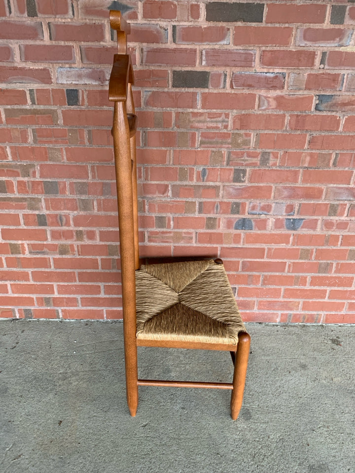 VTG TALL BACK BUTLERS CHAIR W/CANE SEAT.