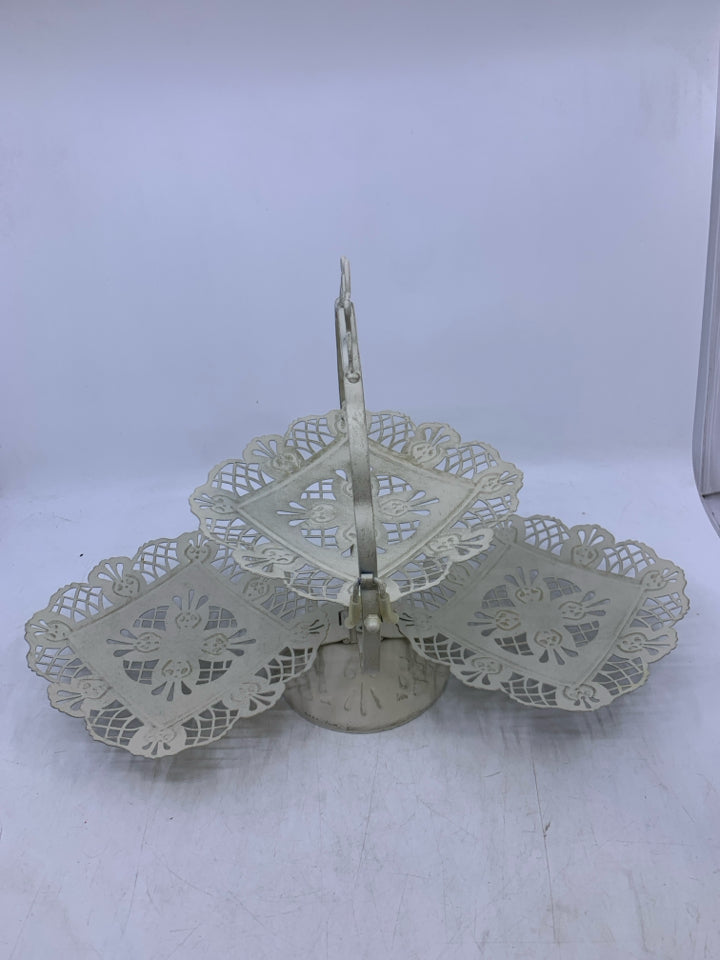 WHITE PIERCED METAL 3 TIER FOLD UP SERVING TRAY.