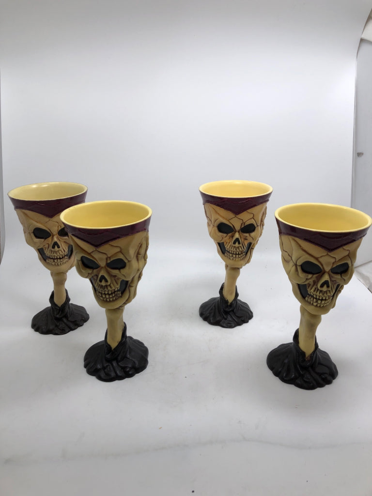 4 RED & CREAM SKULL GOBLETS.