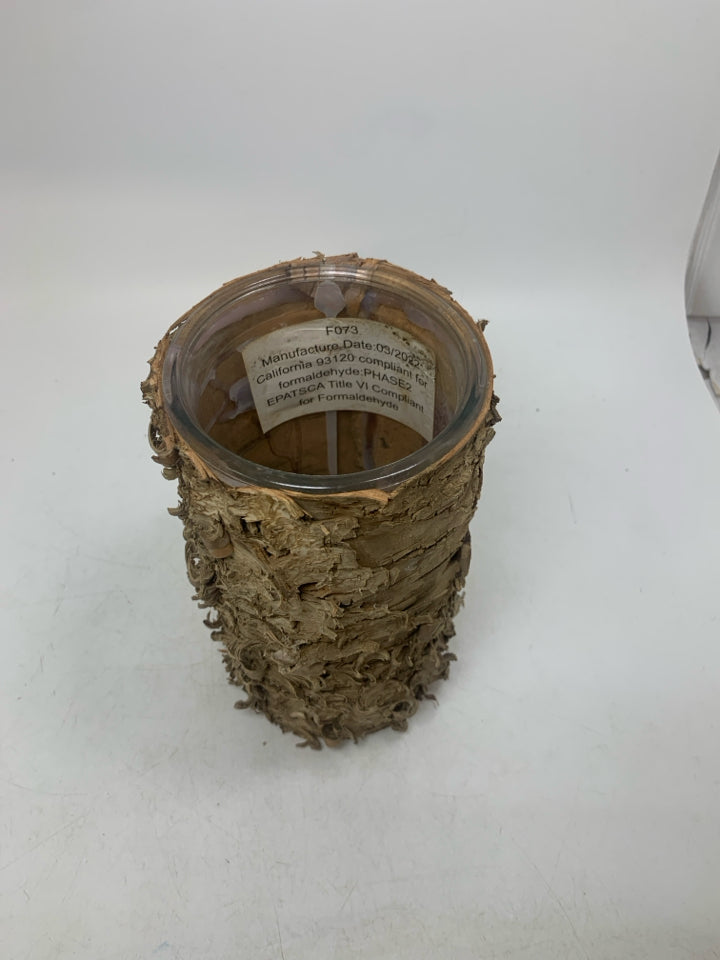 TREE BARK TEXTURED WRAPPED CYLINDER VASE.
