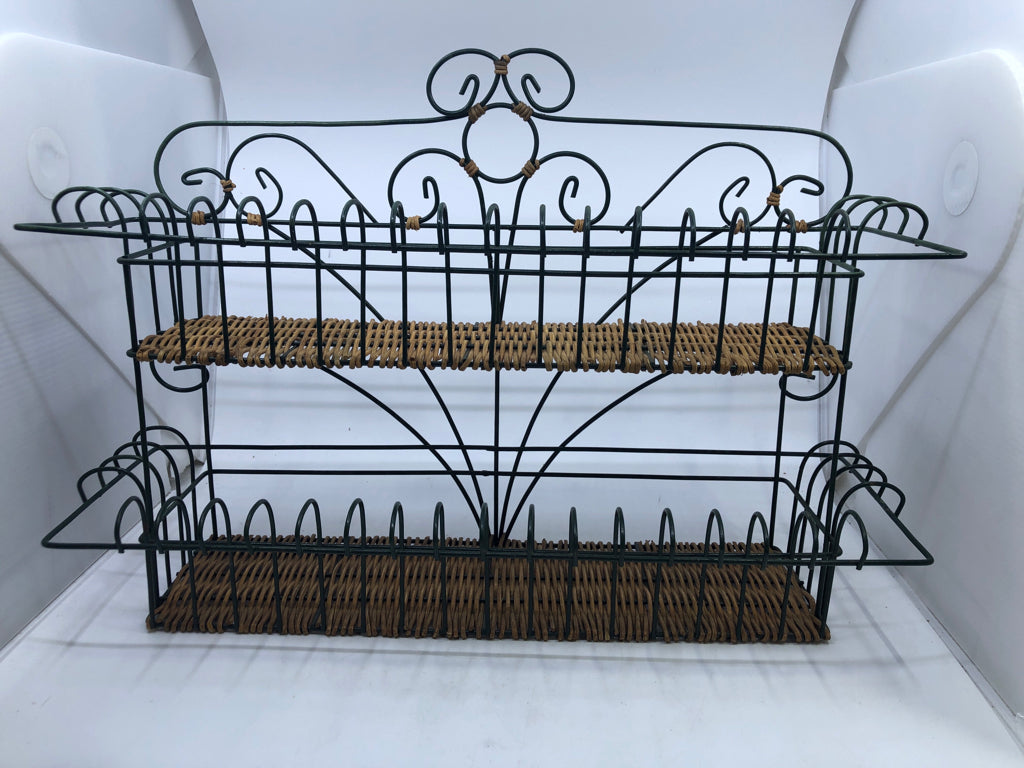 2 TIER GREEN METAL WALL SHELF W/ WICKER BOTTOM.