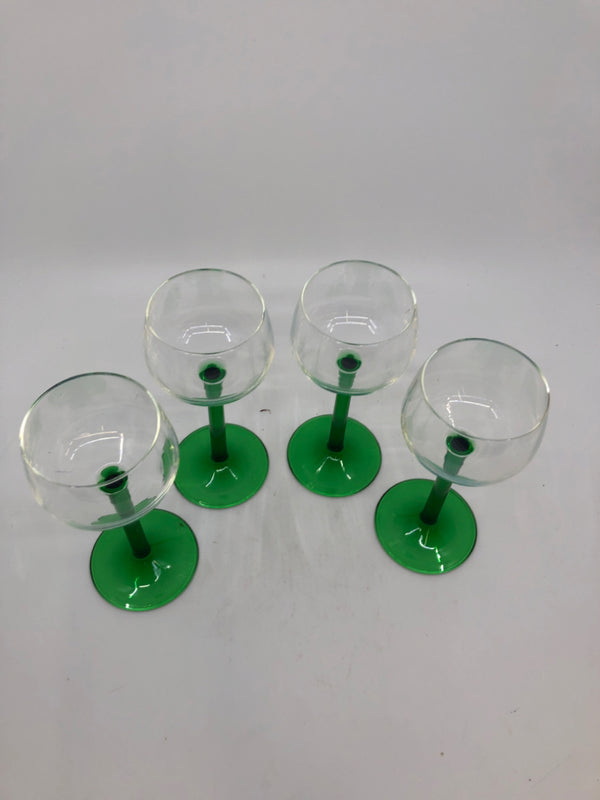 4 SMALL GREEN STEM WINE GLASSES.