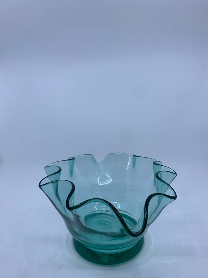 GREEN TINTED WAVY GLASS BOWL.