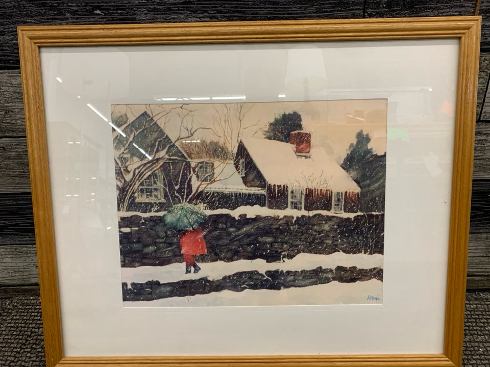 GIRL WALKING ON A SNOWY DAY WITH UMBRELLA WALL HANGING.