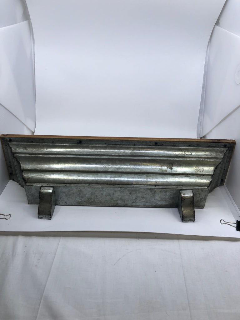 GALVANIZED METAL WALL HANGING SHELF W WOOD TOP.