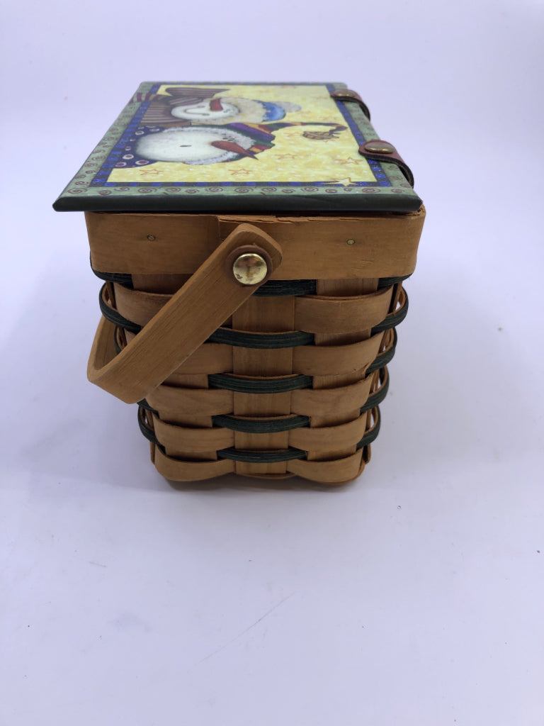 BLONDE & GREEN WEAVE BASKET WITH SNOWMEN LID.